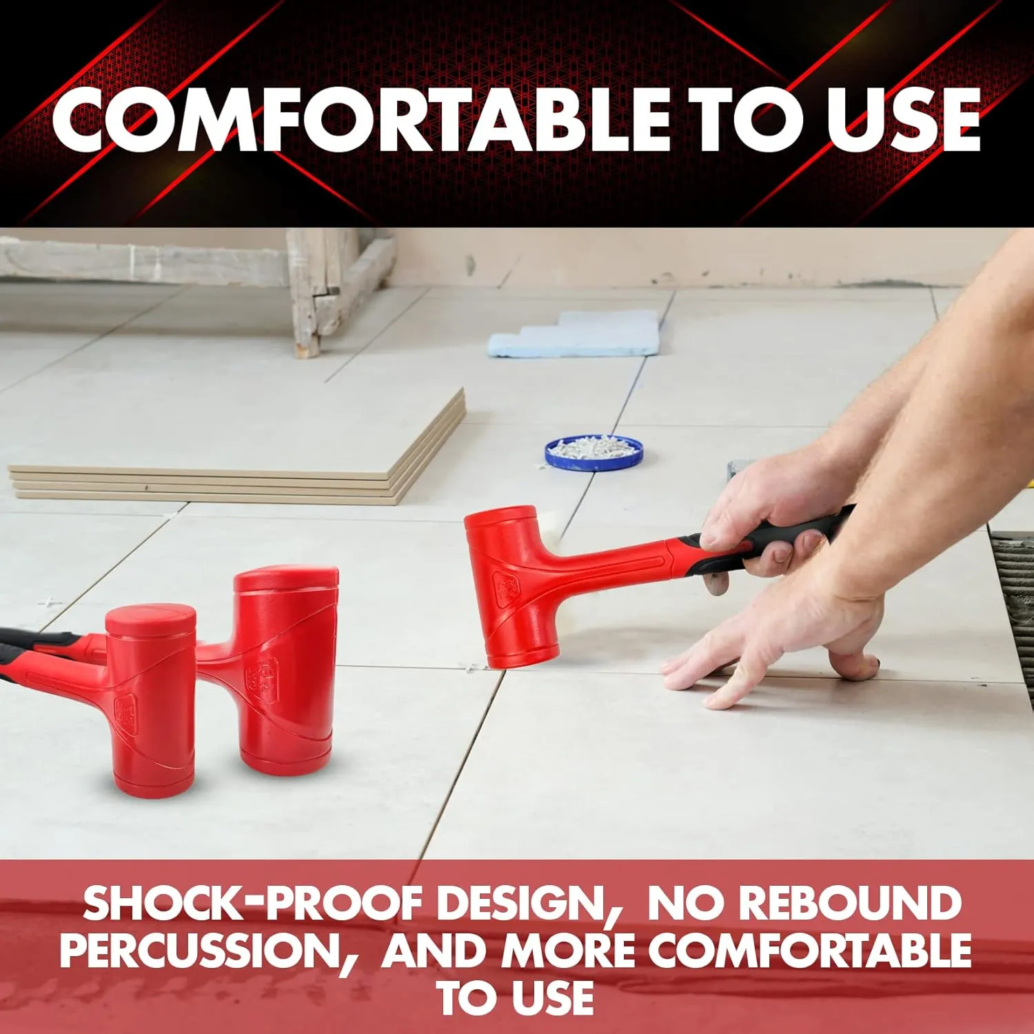 Dead Blow Hammer Set, 3 Piece/16oz(1LB),27oz(1.5LB),45oz(3LB),Red and Black, Shockproof Design, No Rebound Mallet Unibody Molded Checkered Grip Spark and Rebound Resistant (YY-3-013)