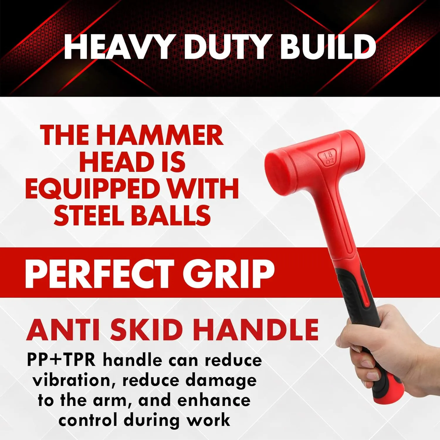 Dead Blow Hammer Set, 3 Piece/16oz(1LB),27oz(1.5LB),45oz(3LB),Red and Black, Shockproof Design, No Rebound Mallet Unibody Molded Checkered Grip Spark and Rebound Resistant (YY-3-013)