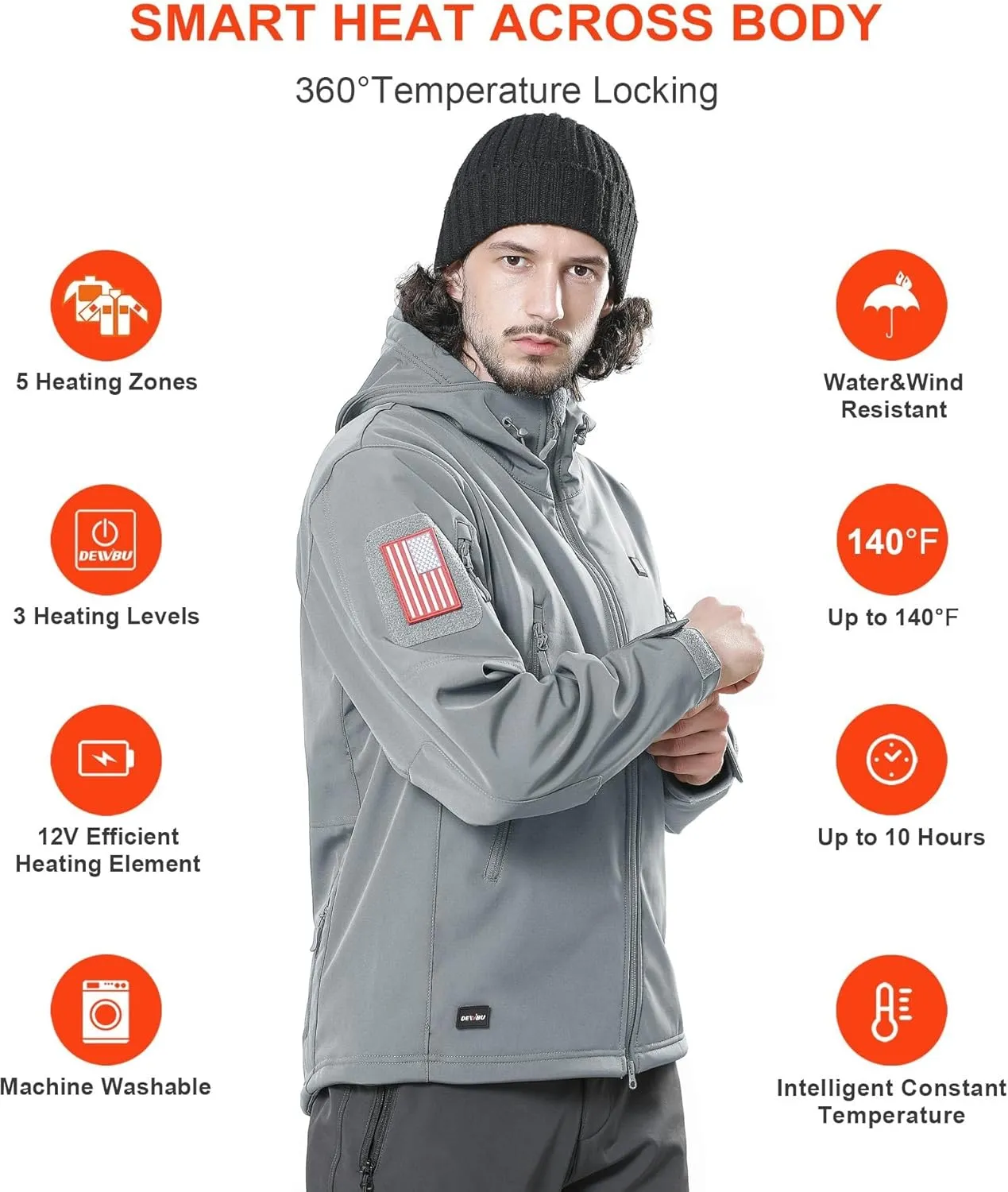 DEWBU Heated Jacket for Men with 12V Battery Pack Winter Outdoor Soft Shell Electric Heating Coat