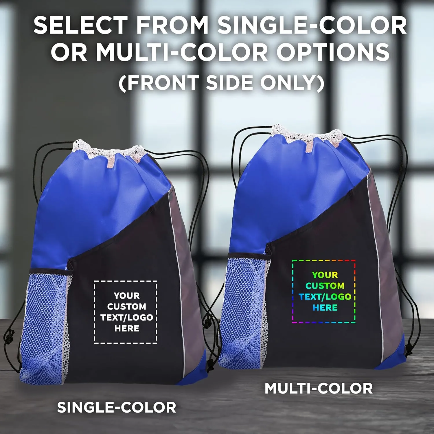 DISCOUNT PROMOS 100 Side Mesh Pockets Drawstring Backpacks Set - Customizable Text, Logo - Tri Color, Front Pocket, Side Mesh - Blue
