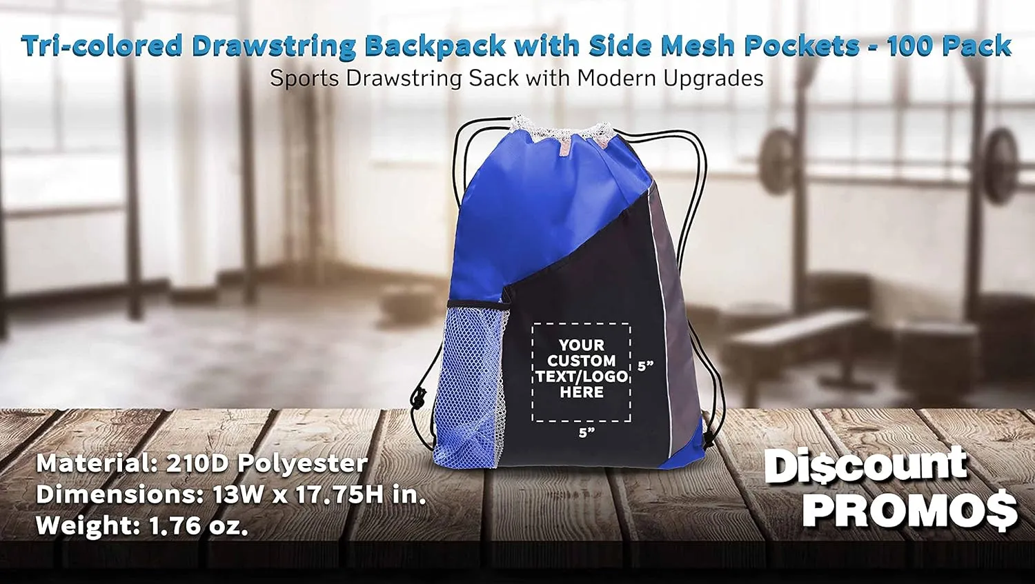 DISCOUNT PROMOS 100 Side Mesh Pockets Drawstring Backpacks Set - Customizable Text, Logo - Tri Color, Front Pocket, Side Mesh - Blue