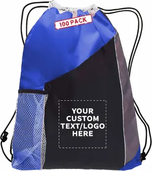 DISCOUNT PROMOS 100 Side Mesh Pockets Drawstring Backpacks Set - Customizable Text, Logo - Tri Color, Front Pocket, Side Mesh - Blue