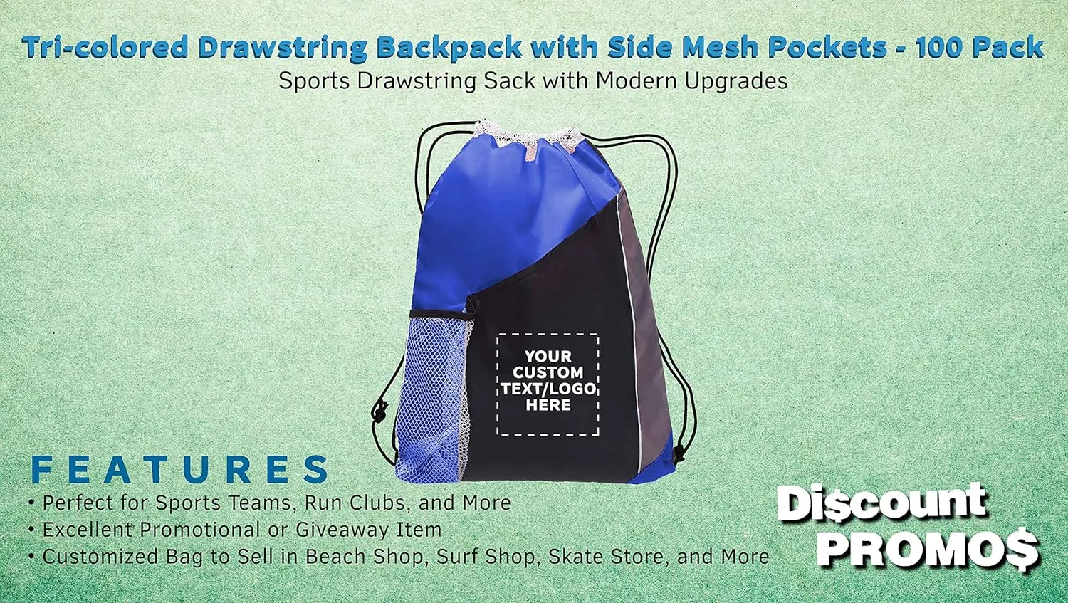 DISCOUNT PROMOS 100 Side Mesh Pockets Drawstring Backpacks Set - Customizable Text, Logo - Tri Color, Front Pocket, Side Mesh - Blue