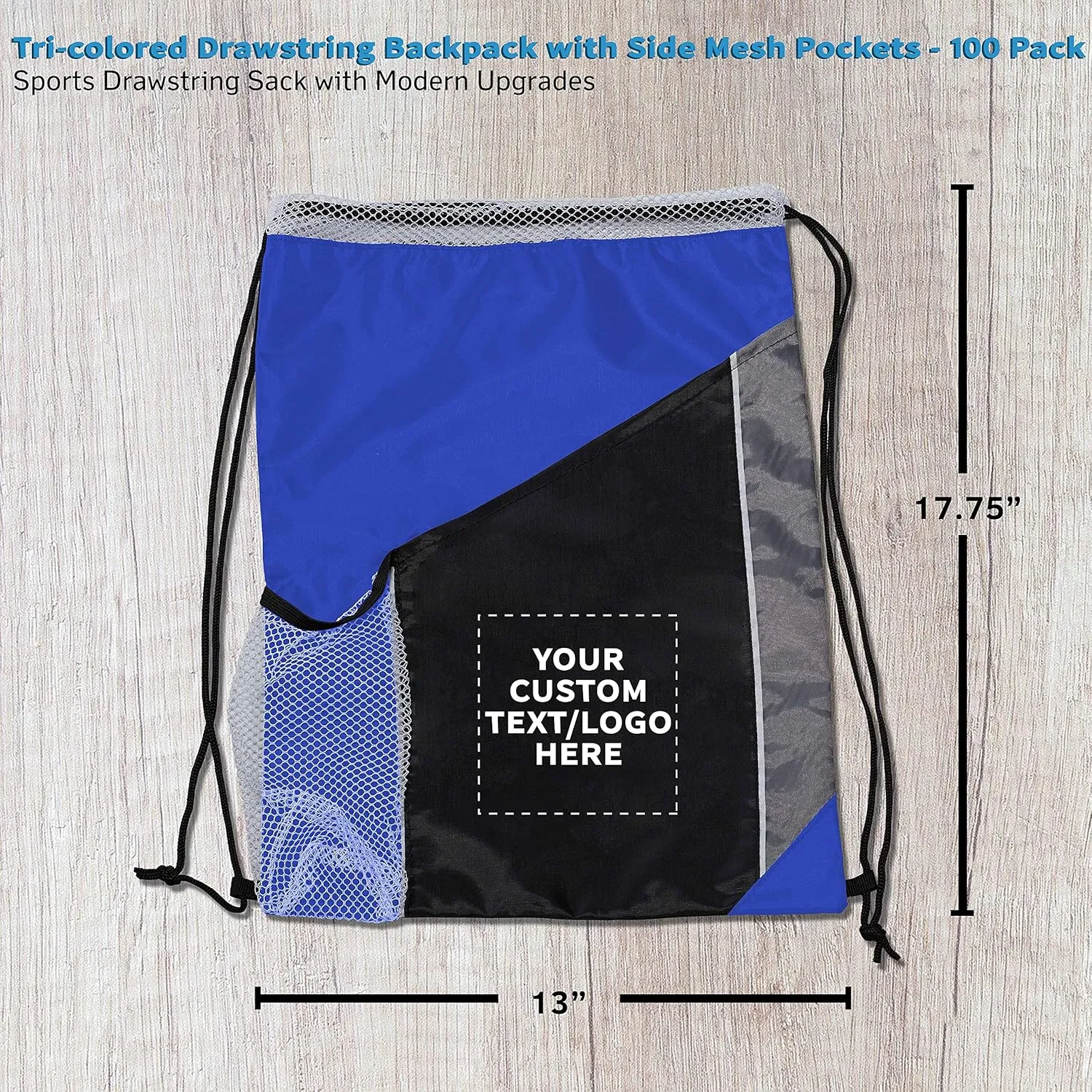 DISCOUNT PROMOS 100 Side Mesh Pockets Drawstring Backpacks Set - Customizable Text, Logo - Tri Color, Front Pocket, Side Mesh - Blue