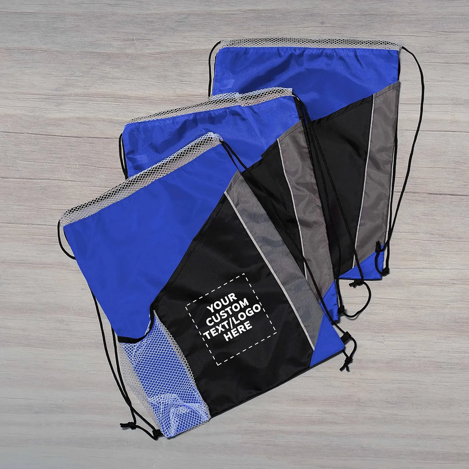 DISCOUNT PROMOS 100 Side Mesh Pockets Drawstring Backpacks Set - Customizable Text, Logo - Tri Color, Front Pocket, Side Mesh - Blue