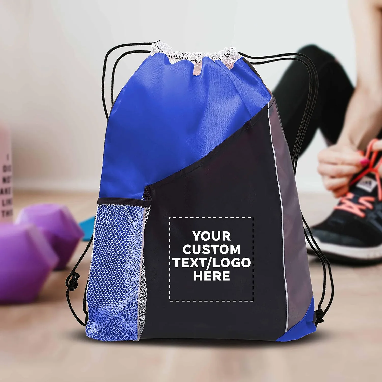 DISCOUNT PROMOS 100 Side Mesh Pockets Drawstring Backpacks Set - Customizable Text, Logo - Tri Color, Front Pocket, Side Mesh - Blue