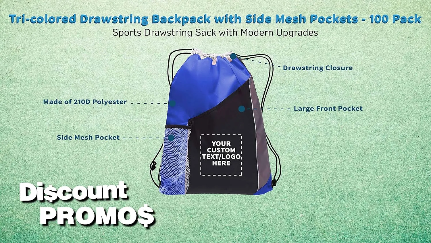 DISCOUNT PROMOS 100 Side Mesh Pockets Drawstring Backpacks Set - Customizable Text, Logo - Tri Color, Front Pocket, Side Mesh - Blue