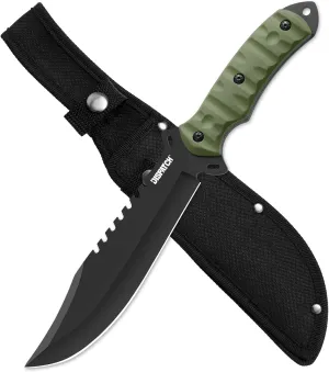 Dispatch Survival Hunting Knife with Sheath, 13.5-inch Full Tang Fixed Blade Tactical Bowie Knife with Serrated Blade Back and Non-Slip TPE Handle for Camping, Bushcraft, Outdoor Adventure