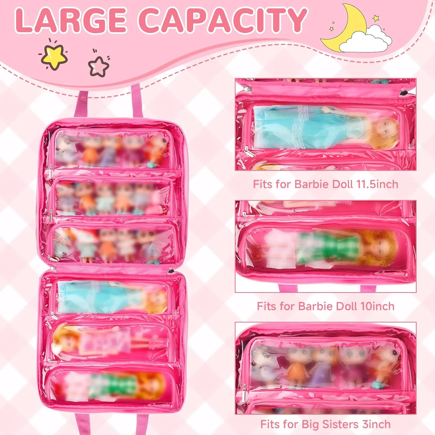 Dolls Carrying Case Compatible with LOL Surprise Dolls All,Hanging Travel Toys Storage Tote Bag with 6 Clear Pockets for Girls, Bag Only,Pink