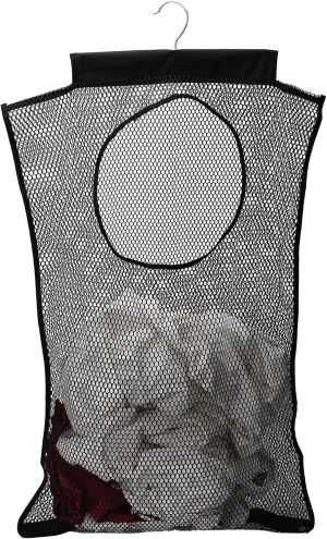 Door-Hanging Mesh Laundry Hamper Bag, Space Saving Corner Small Laundry Basket Dirty Clothes Hamper with Rotating Metal Hanger for Apartment, RV, Camper, Cabin, College Dorm Use(Black)