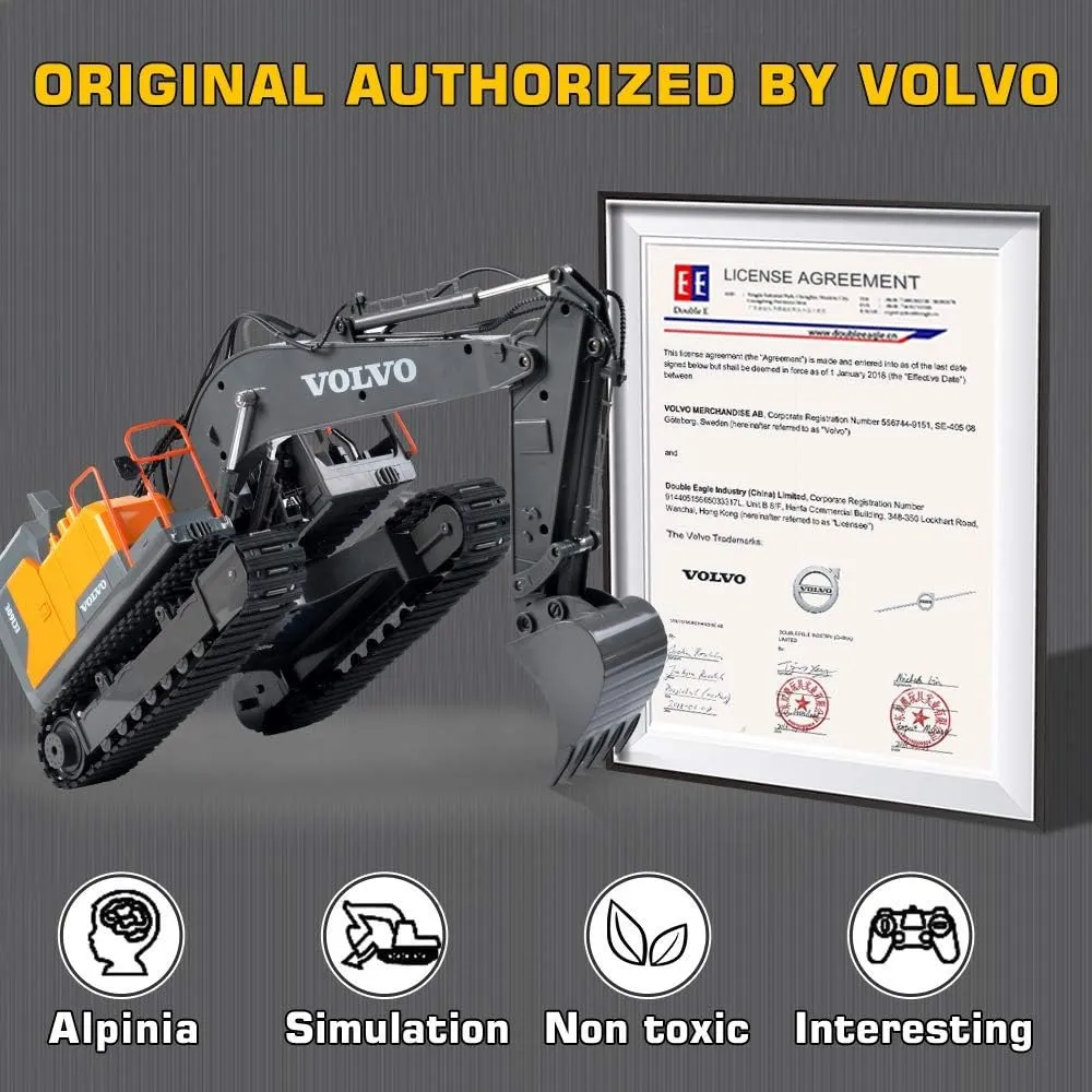 DOUBLE E Volvo RC Excavator 17 Channel 3 in 1 Construction Toys, 17 Channel Remote Control Vehicles Tractor Sandbox Toys Digger with Metal Shovel Drill Grab RC Truck for Kids Adults