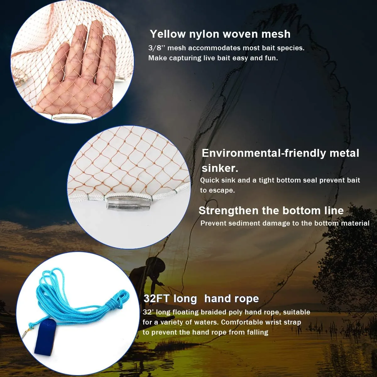 Drasry Saltwater American Fishing Cast Net 3/8inch Mesh Size for Bait Shrimp Trap Fish Heavy Duty Sinkers Throw Net 3FT/4FT/5FT/6FT/7FT/8FT/9FT/10FT Radius