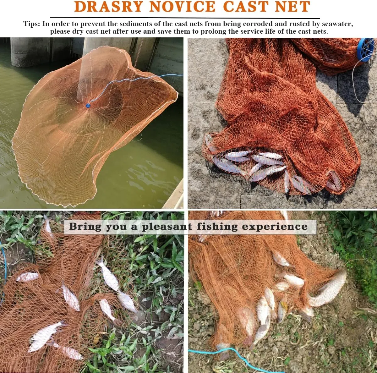 Drasry Saltwater American Fishing Cast Net 3/8inch Mesh Size for Bait Shrimp Trap Fish Heavy Duty Sinkers Throw Net 3FT/4FT/5FT/6FT/7FT/8FT/9FT/10FT Radius