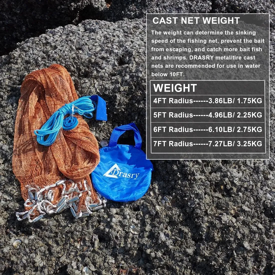 Drasry Saltwater American Fishing Cast Net 3/8inch Mesh Size for Bait Shrimp Trap Fish Heavy Duty Sinkers Throw Net 3FT/4FT/5FT/6FT/7FT/8FT/9FT/10FT Radius