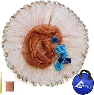Drasry Saltwater American Fishing Cast Net 3/8inch Mesh Size for Bait Shrimp Trap Fish Heavy Duty Sinkers Throw Net 3FT/4FT/5FT/6FT/7FT/8FT/9FT/10FT Radius