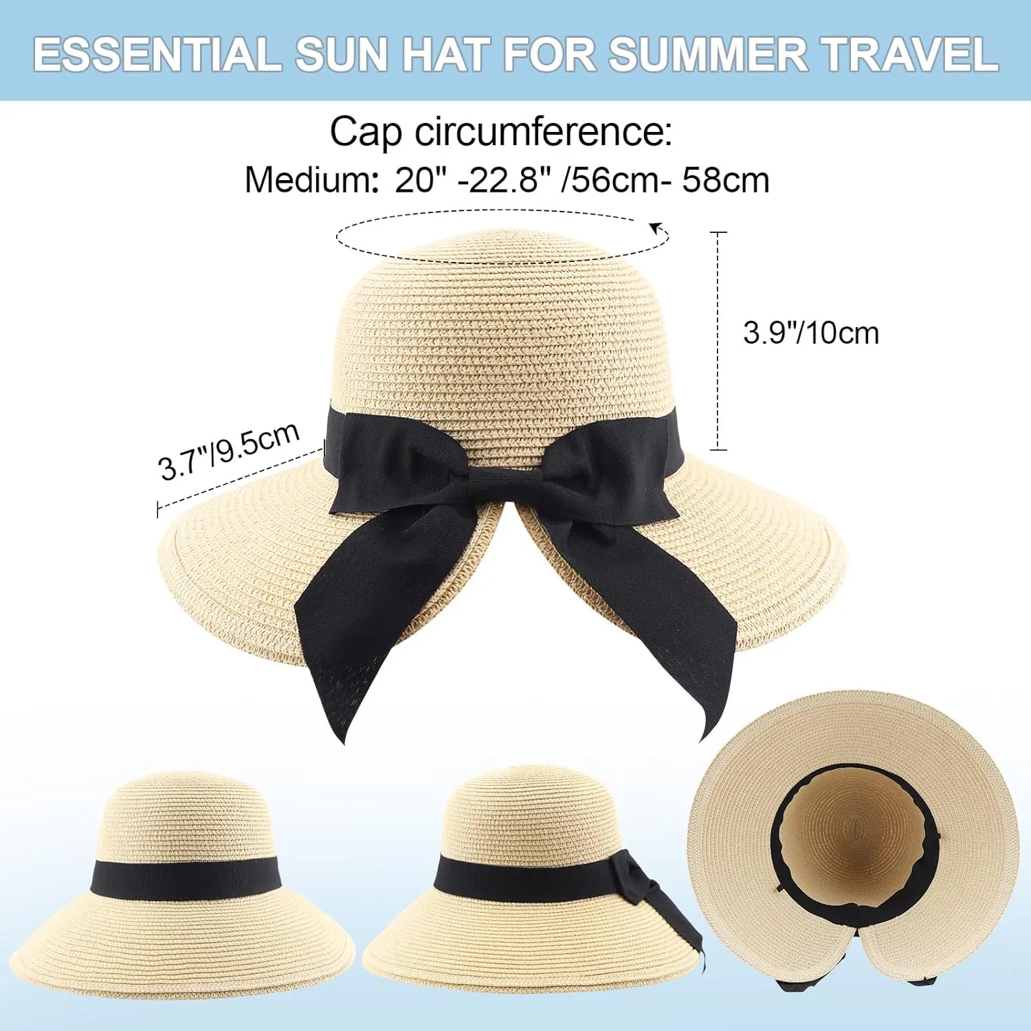 DRESHOW Sun Hats for Women Travel Fedora Foldable Beach Sun Hat Summer Wide Brim Straw Bucket Hat with Bowknot UPF 50 