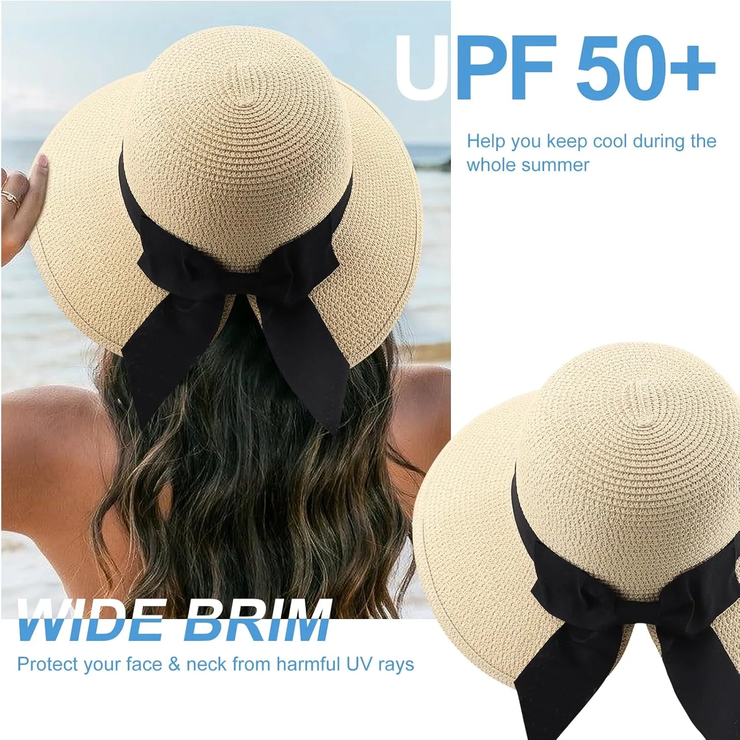 DRESHOW Sun Hats for Women Travel Fedora Foldable Beach Sun Hat Summer Wide Brim Straw Bucket Hat with Bowknot UPF 50 