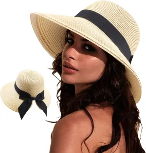 DRESHOW Sun Hats for Women Travel Fedora Foldable Beach Sun Hat Summer Wide Brim Straw Bucket Hat with Bowknot UPF 50 