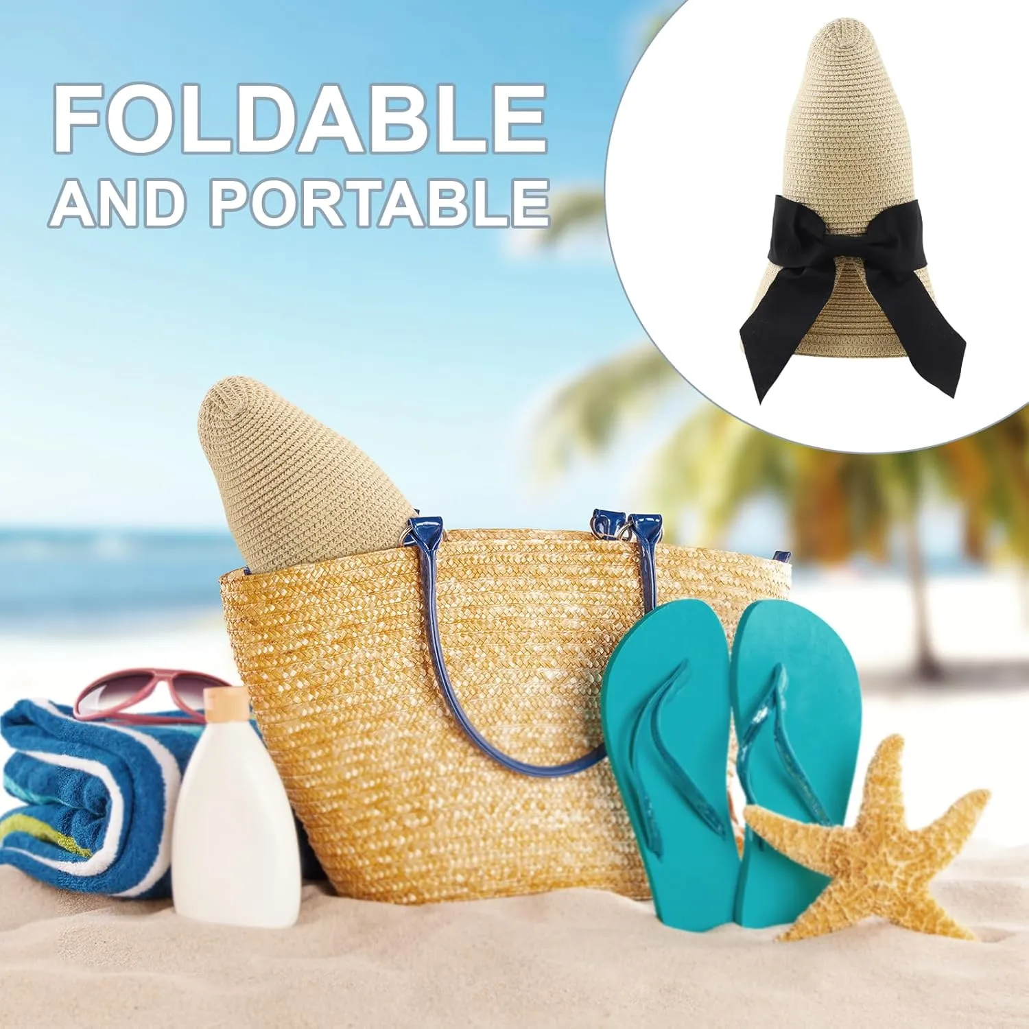 DRESHOW Sun Hats for Women Travel Fedora Foldable Beach Sun Hat Summer Wide Brim Straw Bucket Hat with Bowknot UPF 50 