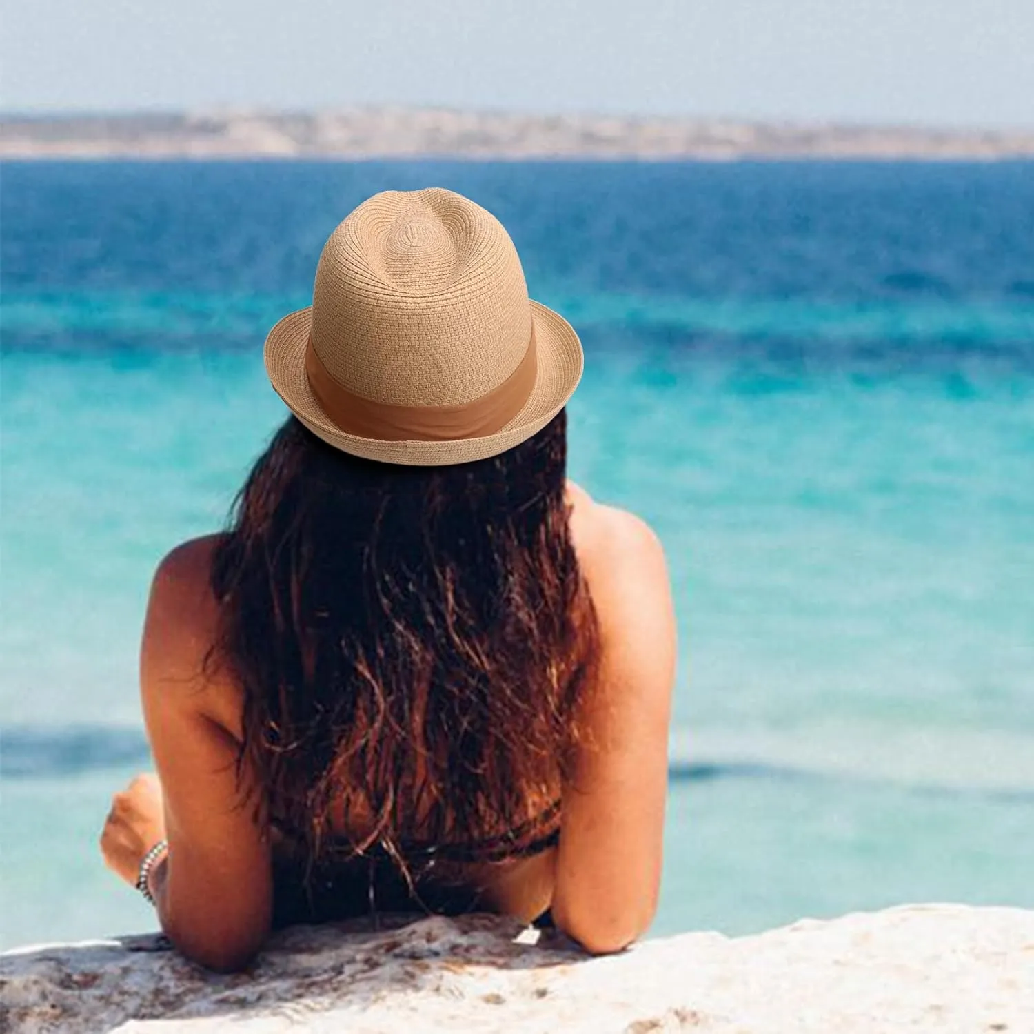 DRESHOW Women Straw Panama Hat Travel Fedora Beach Sun Hat Summer Wide Brim Straw Roll up Hat UPF 50 