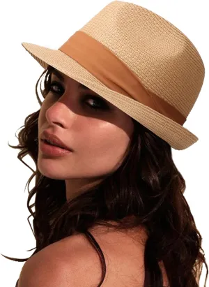 DRESHOW Women Straw Panama Hat Travel Fedora Beach Sun Hat Summer Wide Brim Straw Roll up Hat UPF 50 