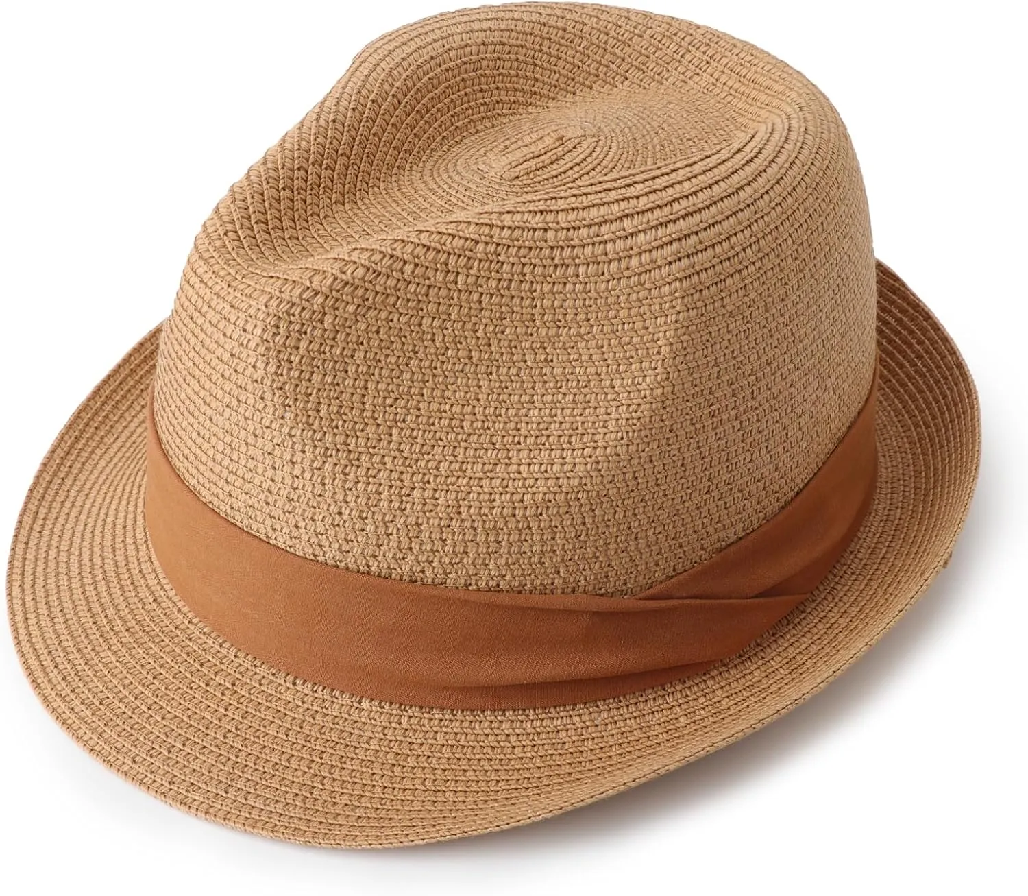 DRESHOW Women Straw Panama Hat Travel Fedora Beach Sun Hat Summer Wide Brim Straw Roll up Hat UPF 50 