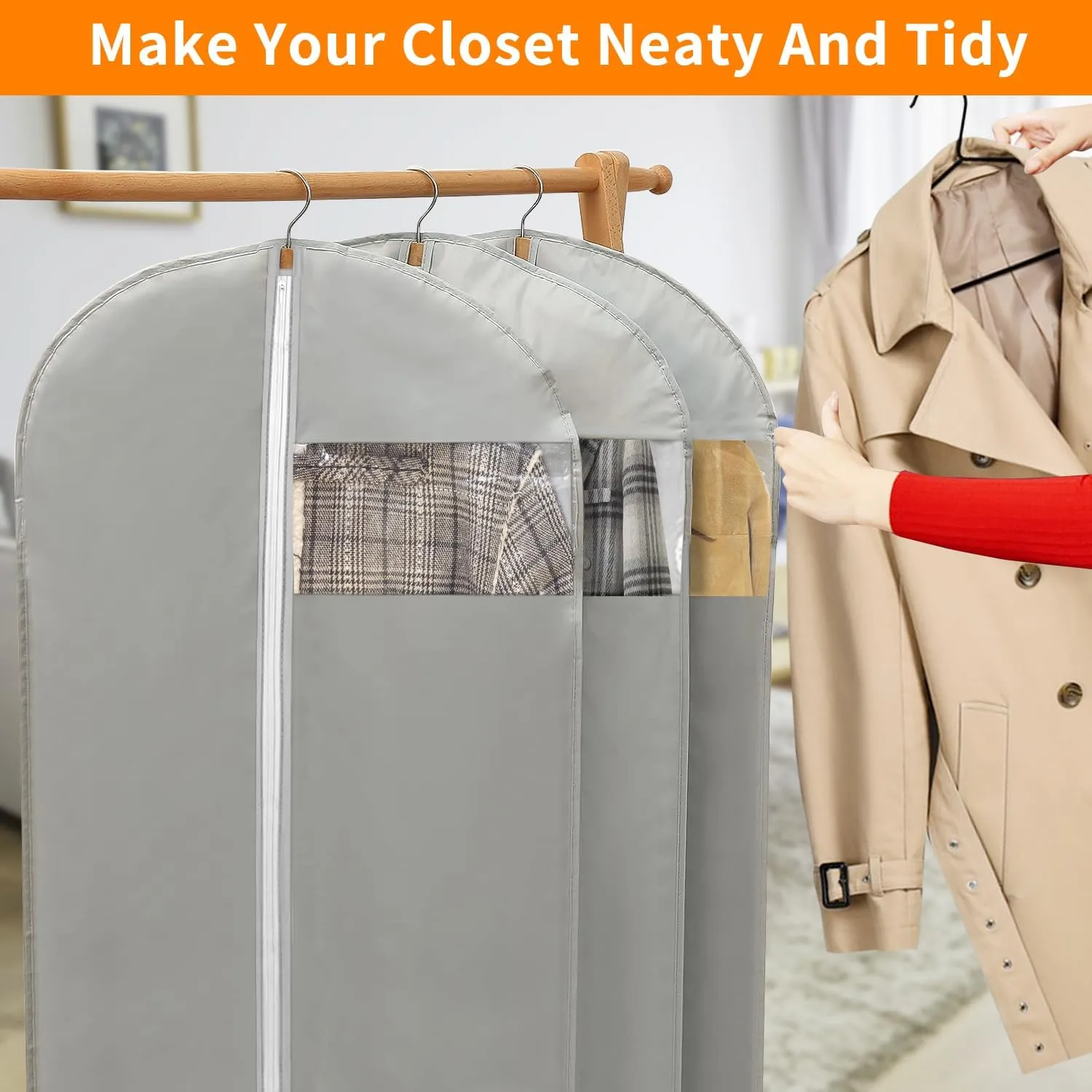 Dress Bags for Gowns Long, 65'' Long Garment Bags for Hanging Clothes Storage Foldable, Clear Garment Bag Dress Bag for Closet Storage and Travel – Grey, 5 pack