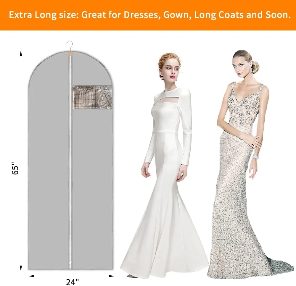 Dress Bags for Gowns Long, 65'' Long Garment Bags for Hanging Clothes Storage Foldable, Clear Garment Bag Dress Bag for Closet Storage and Travel – Grey, 5 pack