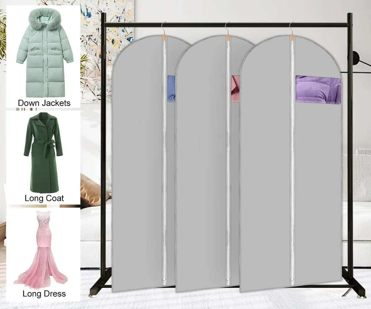 Dress Bags for Gowns Long, 65'' Long Garment Bags for Hanging Clothes Storage Foldable, Clear Garment Bag Dress Bag for Closet Storage and Travel – Grey, 5 pack