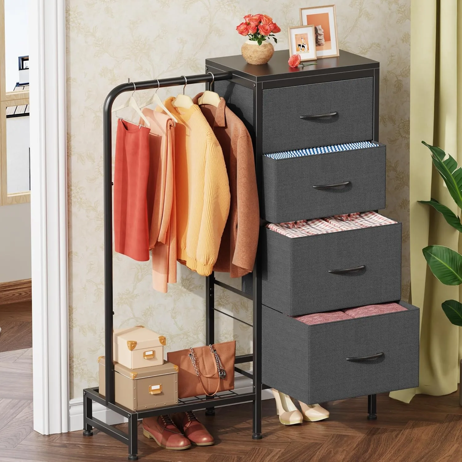 Dresser with Hanging Rack, 4 Drawers Small Closet for Bedroom, Reversible Fabric Kids Dresser for Closet with Clothes Rack, Tall Chest of Drawers, Sturdy Frame, Grey, 44''H