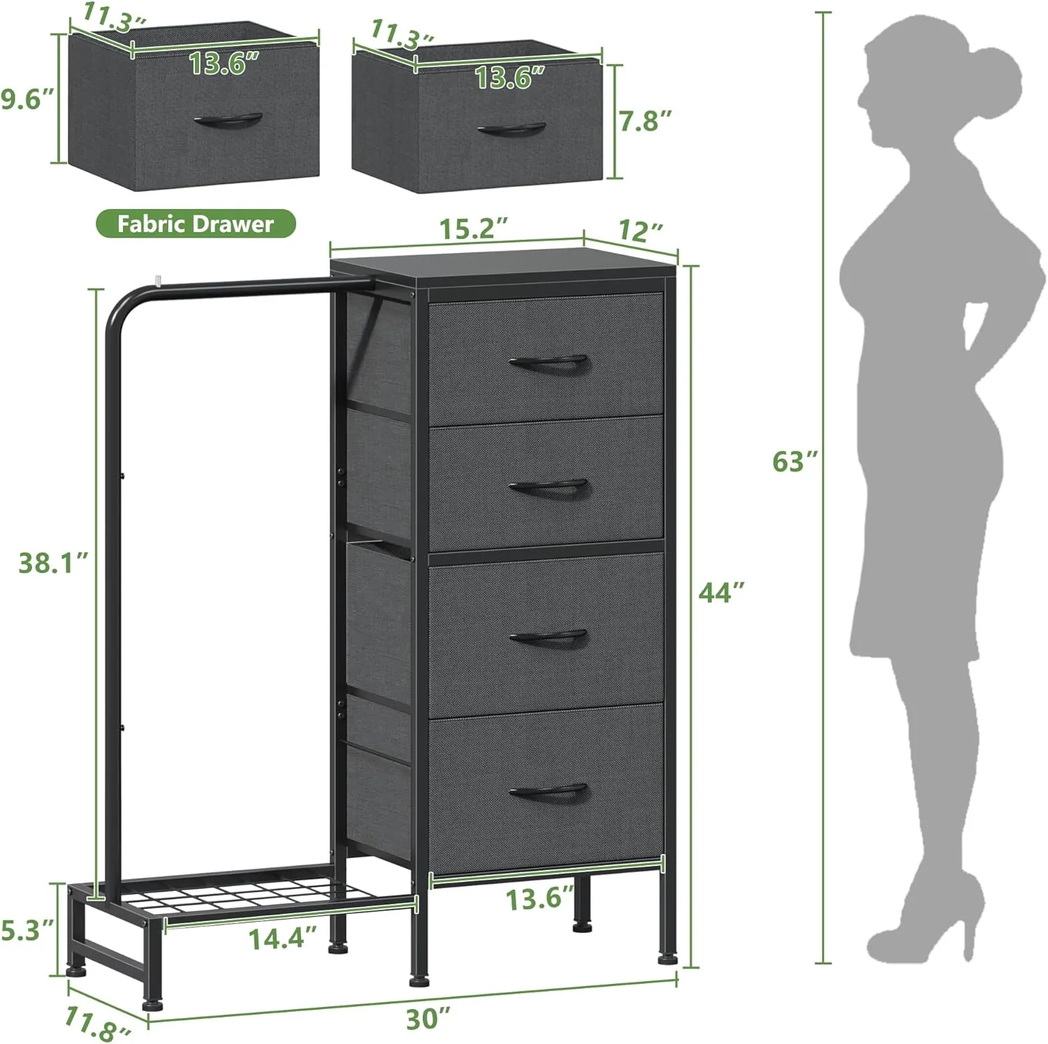 Dresser with Hanging Rack, 4 Drawers Small Closet for Bedroom, Reversible Fabric Kids Dresser for Closet with Clothes Rack, Tall Chest of Drawers, Sturdy Frame, Grey, 44''H