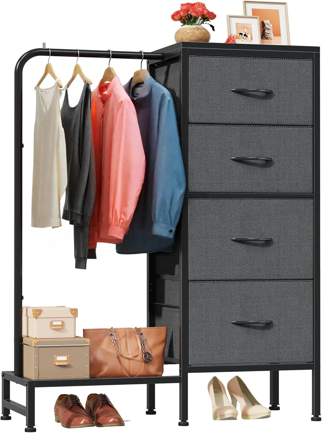 Dresser with Hanging Rack, 4 Drawers Small Closet for Bedroom, Reversible Fabric Kids Dresser for Closet with Clothes Rack, Tall Chest of Drawers, Sturdy Frame, Grey, 44''H