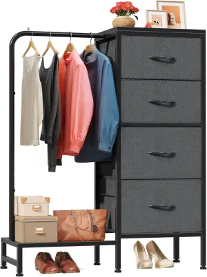 Dresser with Hanging Rack, 4 Drawers Small Closet for Bedroom, Reversible Fabric Kids Dresser for Closet with Clothes Rack, Tall Chest of Drawers, Sturdy Frame, Grey, 44''H