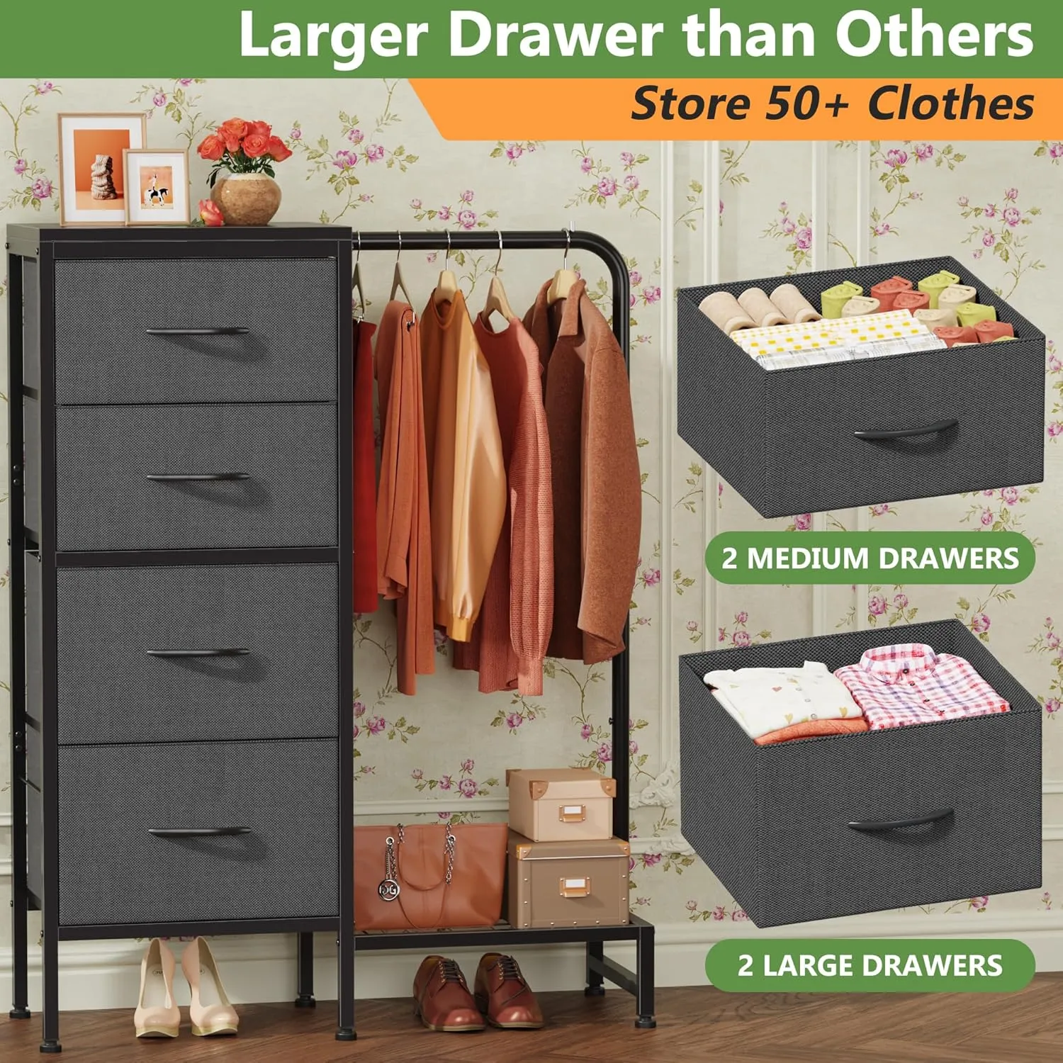 Dresser with Hanging Rack, 4 Drawers Small Closet for Bedroom, Reversible Fabric Kids Dresser for Closet with Clothes Rack, Tall Chest of Drawers, Sturdy Frame, Grey, 44''H