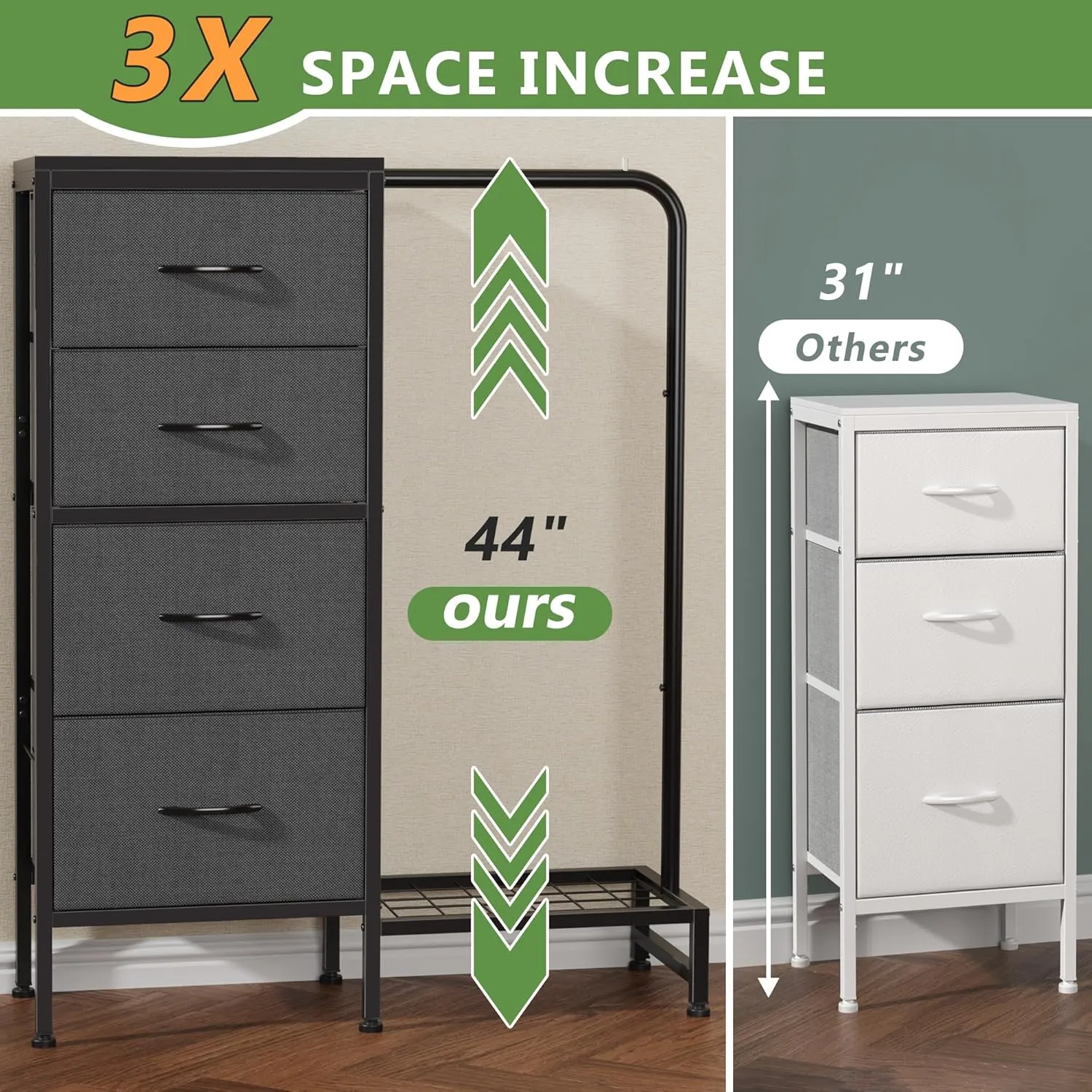 Dresser with Hanging Rack, 4 Drawers Small Closet for Bedroom, Reversible Fabric Kids Dresser for Closet with Clothes Rack, Tall Chest of Drawers, Sturdy Frame, Grey, 44''H