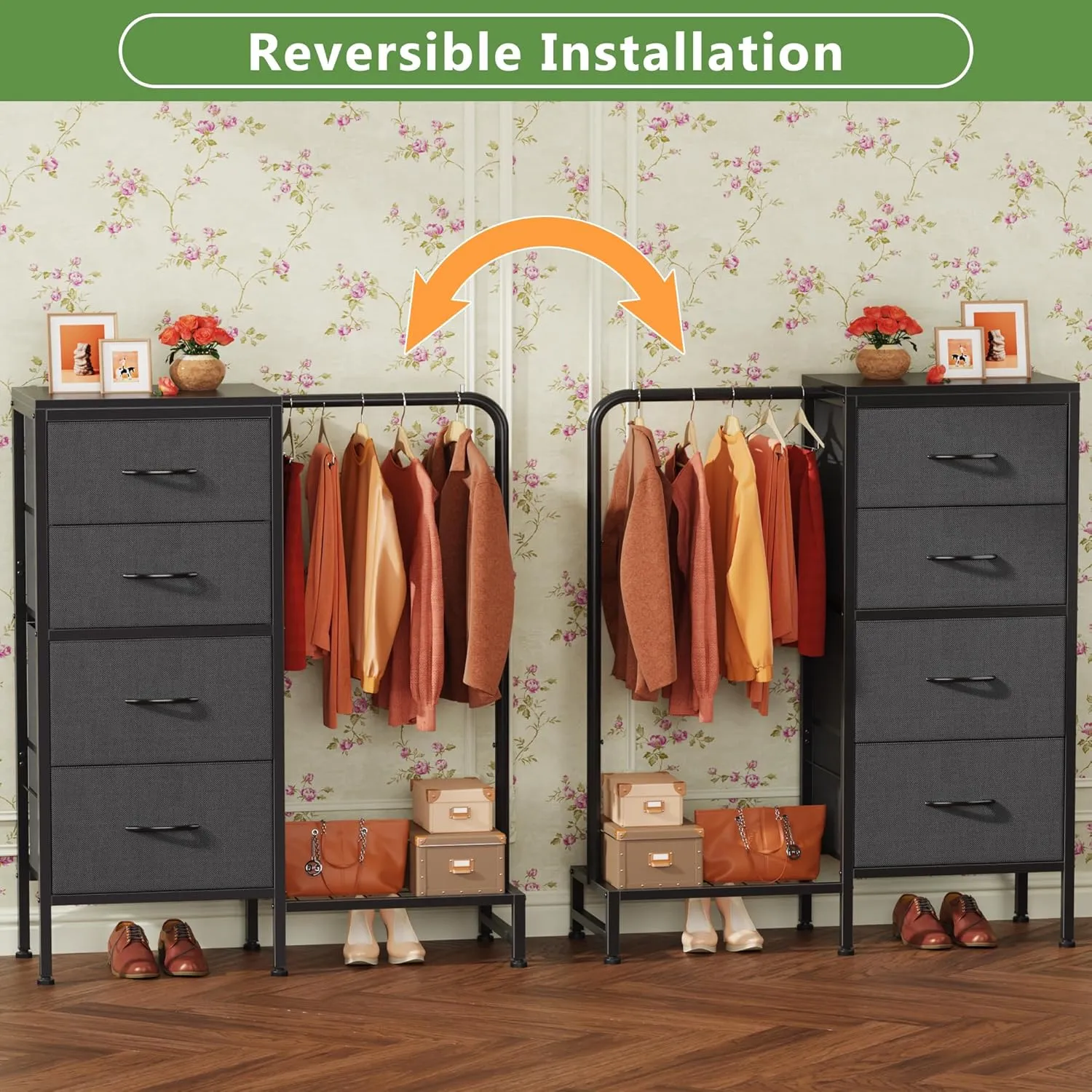 Dresser with Hanging Rack, 4 Drawers Small Closet for Bedroom, Reversible Fabric Kids Dresser for Closet with Clothes Rack, Tall Chest of Drawers, Sturdy Frame, Grey, 44''H