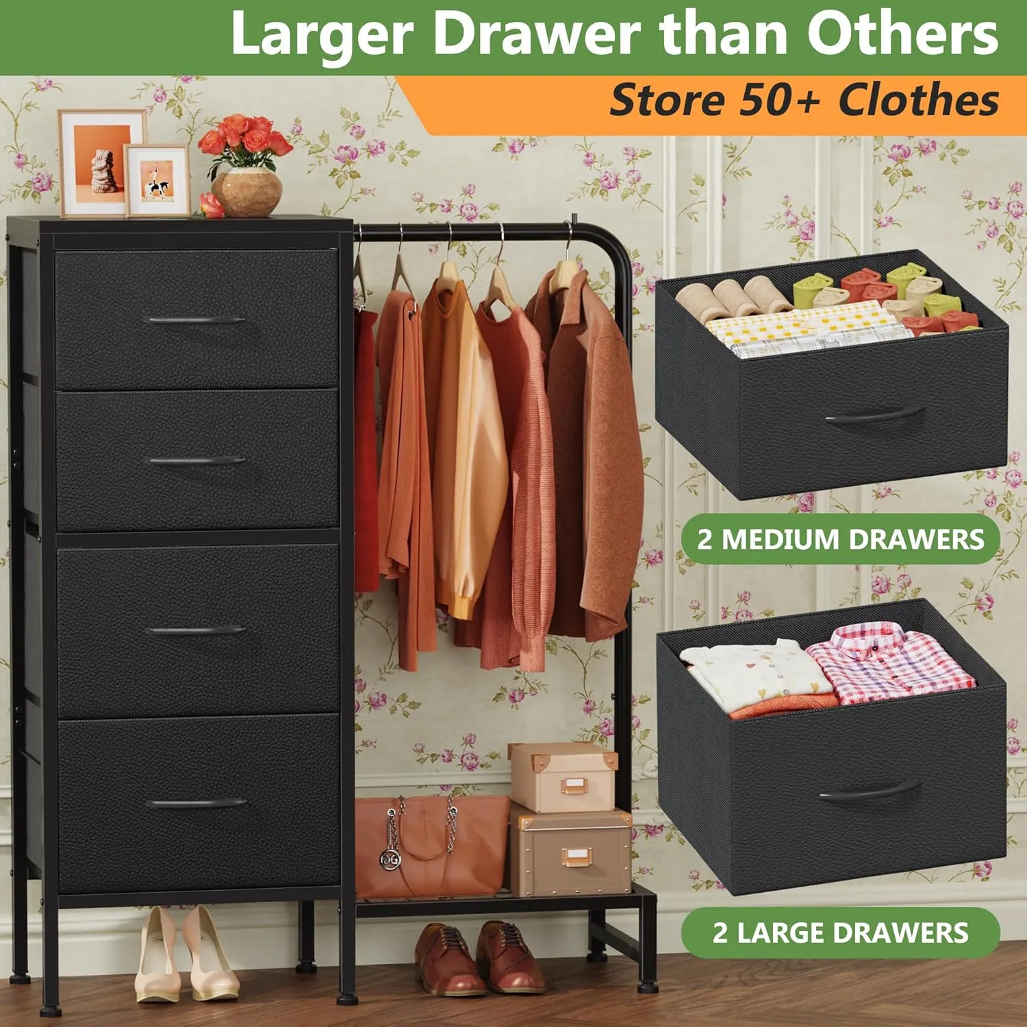 Dresser with Hanging Rack, 4 Drawers Small Dresser for Bedroom, Reversible Fabric Kids Chest of Drawers for Closet with Clothes Rack, Tall Storage Tower, Sturdy Frame, Black, 44''H