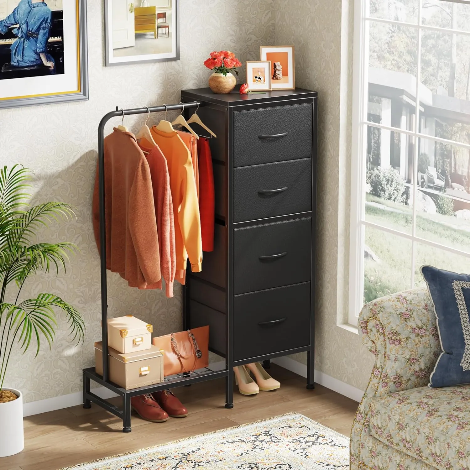 Dresser with Hanging Rack, 4 Drawers Small Dresser for Bedroom, Reversible Fabric Kids Chest of Drawers for Closet with Clothes Rack, Tall Storage Tower, Sturdy Frame, Black, 44''H
