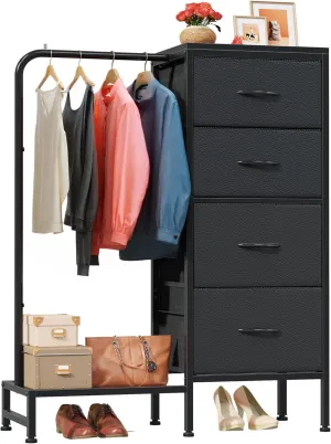 Dresser with Hanging Rack, 4 Drawers Small Dresser for Bedroom, Reversible Fabric Kids Chest of Drawers for Closet with Clothes Rack, Tall Storage Tower, Sturdy Frame, Black, 44''H