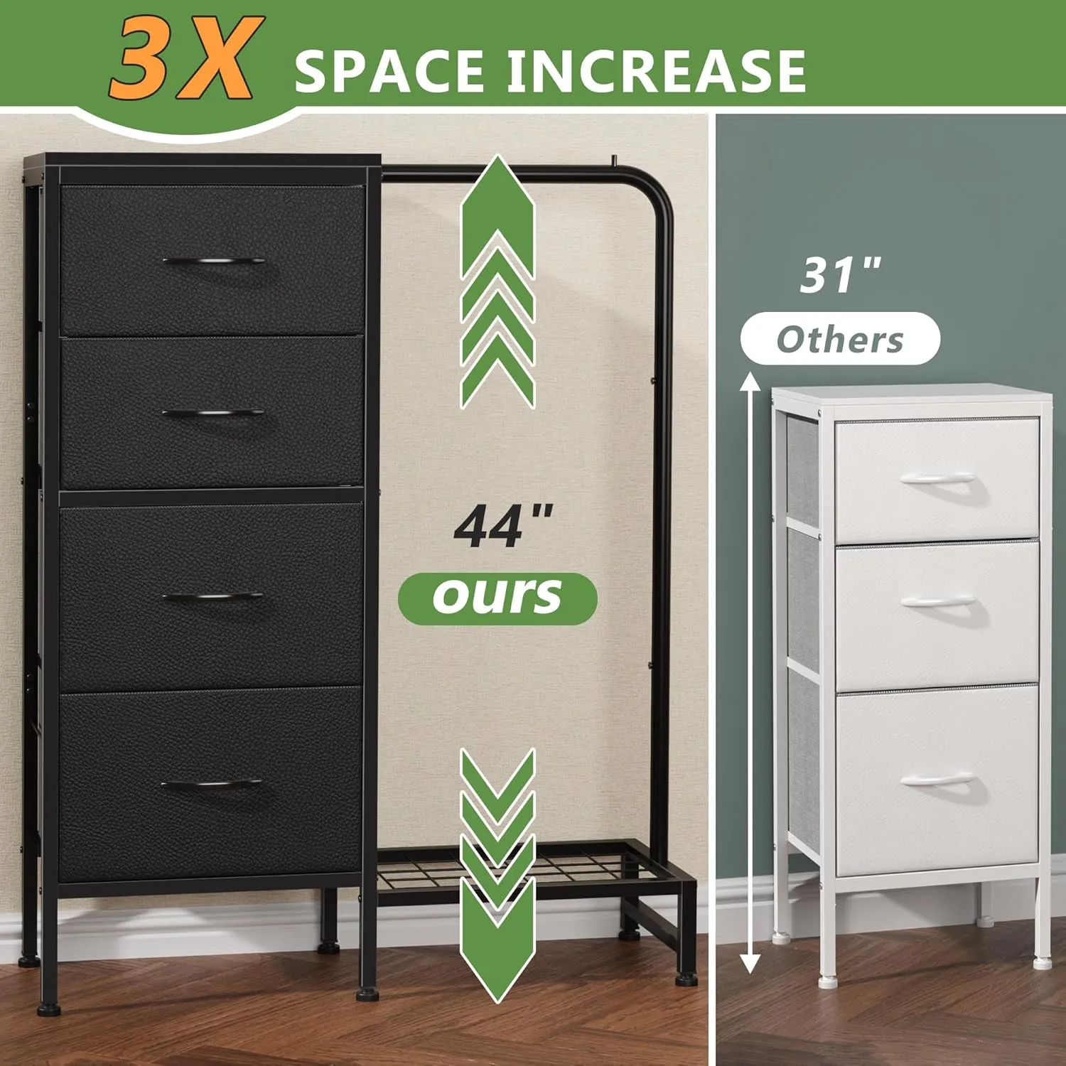 Dresser with Hanging Rack, 4 Drawers Small Dresser for Bedroom, Reversible Fabric Kids Chest of Drawers for Closet with Clothes Rack, Tall Storage Tower, Sturdy Frame, Black, 44''H