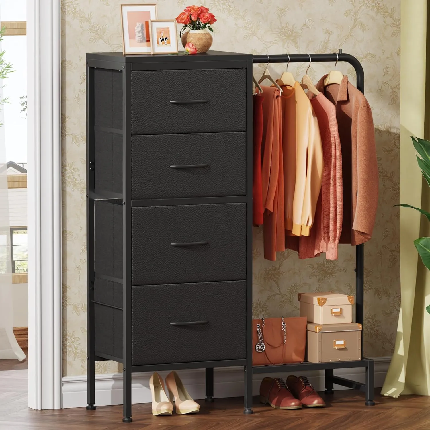 Dresser with Hanging Rack, 4 Drawers Small Dresser for Bedroom, Reversible Fabric Kids Chest of Drawers for Closet with Clothes Rack, Tall Storage Tower, Sturdy Frame, Black, 44''H