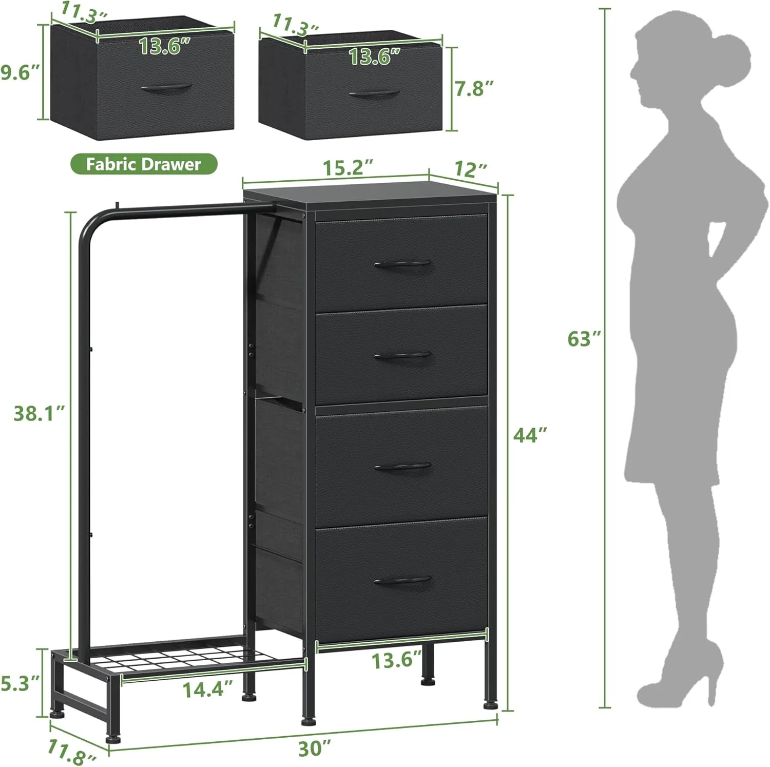Dresser with Hanging Rack, 4 Drawers Small Dresser for Bedroom, Reversible Fabric Kids Chest of Drawers for Closet with Clothes Rack, Tall Storage Tower, Sturdy Frame, Black, 44''H
