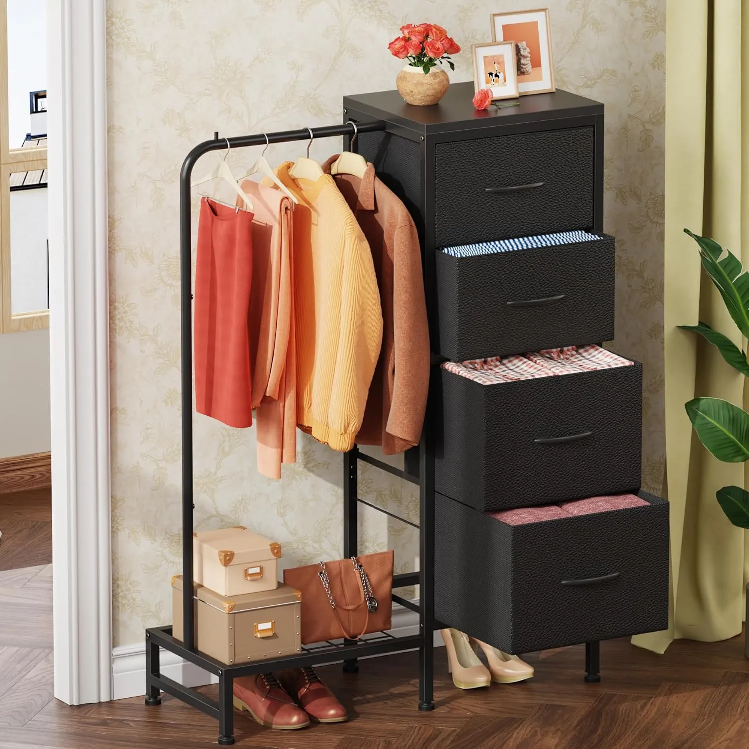 Dresser with Hanging Rack, 4 Drawers Small Dresser for Bedroom, Reversible Fabric Kids Chest of Drawers for Closet with Clothes Rack, Tall Storage Tower, Sturdy Frame, Black, 44''H
