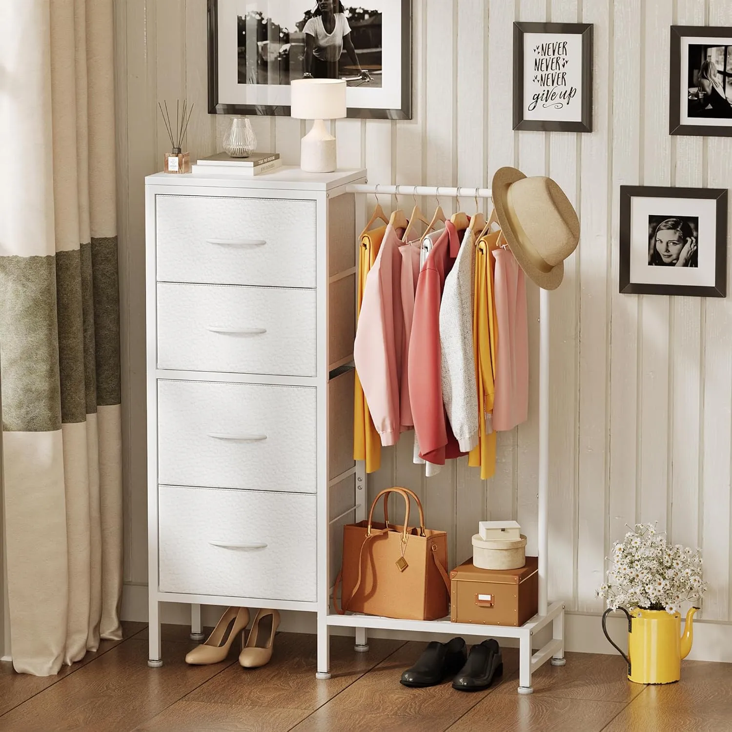Dresser with Hanging Rack, 4 Drawers Small Dresser for Bedroom, Reversible Fabric Kids Chest of Drawers for Closet with Clothes Rack, Tall Storage Tower, Sturdy Frame, White, 44''H
