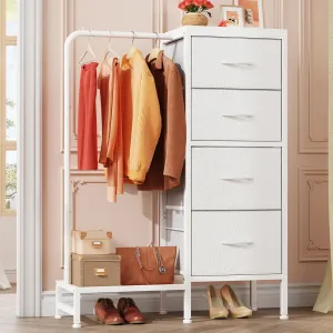 Dresser with Hanging Rack, 4 Drawers Small Dresser for Bedroom, Reversible Fabric Kids Chest of Drawers for Closet with Clothes Rack, Tall Storage Tower, Sturdy Frame, White, 44''H