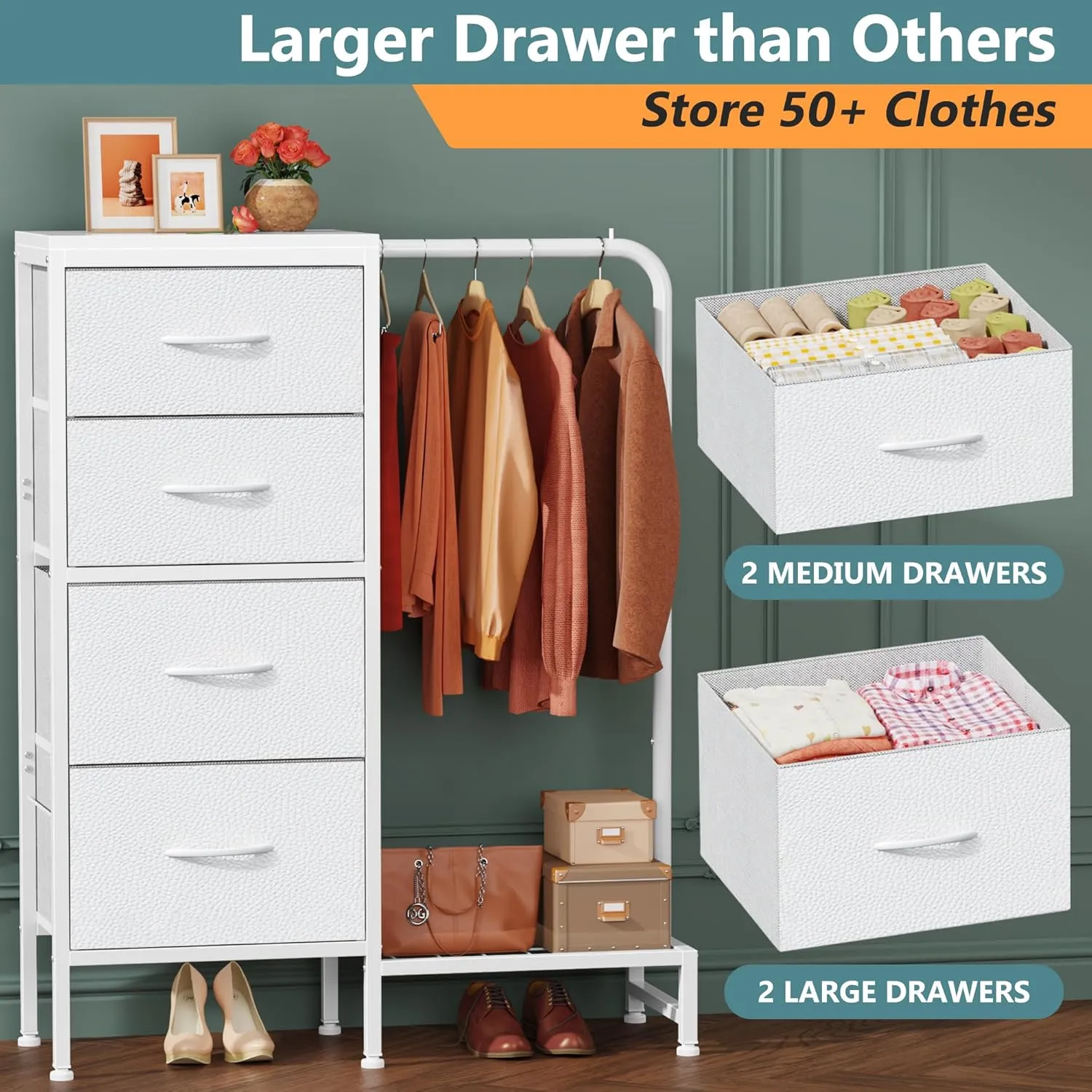 Dresser with Hanging Rack, 4 Drawers Small Dresser for Bedroom, Reversible Fabric Kids Chest of Drawers for Closet with Clothes Rack, Tall Storage Tower, Sturdy Frame, White, 44''H