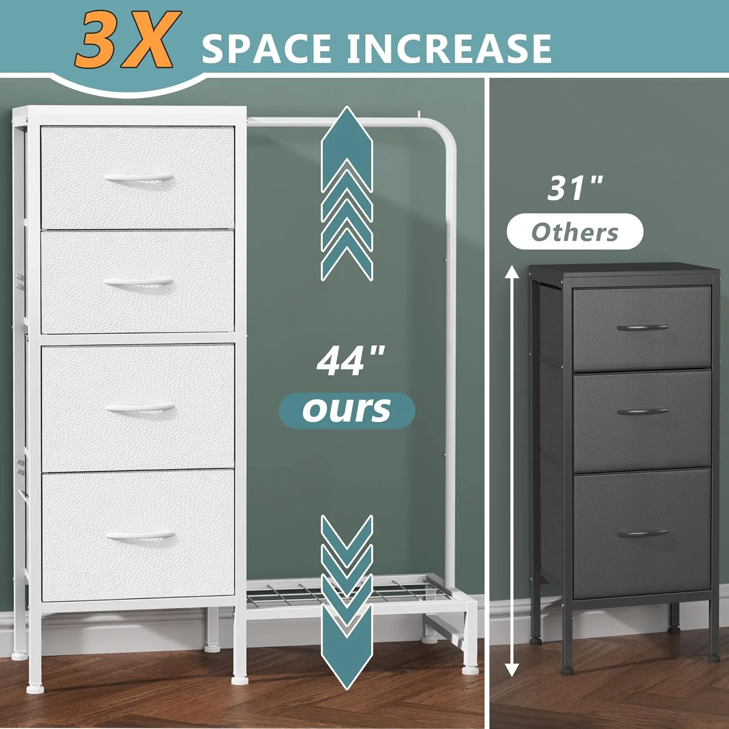 Dresser with Hanging Rack, 4 Drawers Small Dresser for Bedroom, Reversible Fabric Kids Chest of Drawers for Closet with Clothes Rack, Tall Storage Tower, Sturdy Frame, White, 44''H