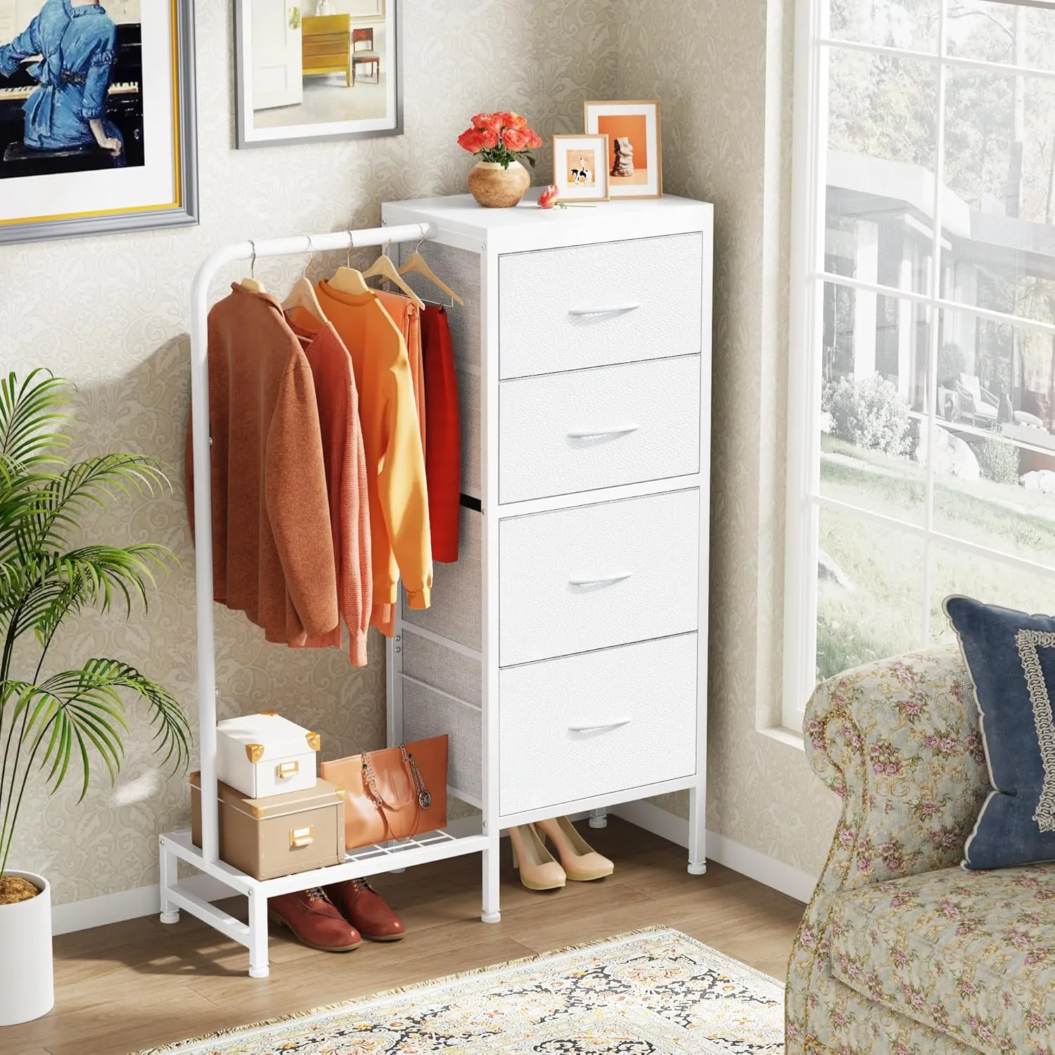 Dresser with Hanging Rack, 4 Drawers Small Dresser for Bedroom, Reversible Fabric Kids Chest of Drawers for Closet with Clothes Rack, Tall Storage Tower, Sturdy Frame, White, 44''H