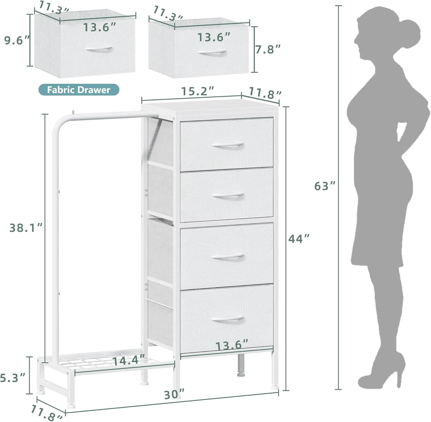 Dresser with Hanging Rack, 4 Drawers Small Dresser for Bedroom, Reversible Fabric Kids Chest of Drawers for Closet with Clothes Rack, Tall Storage Tower, Sturdy Frame, White, 44''H