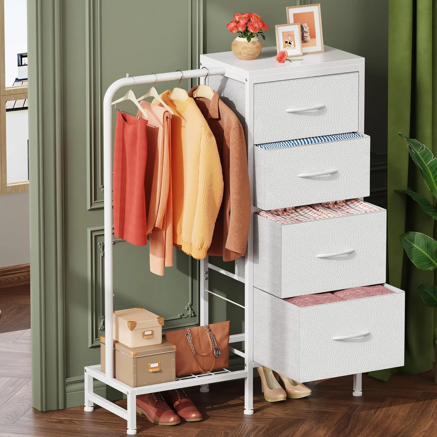 Dresser with Hanging Rack, 4 Drawers Small Dresser for Bedroom, Reversible Fabric Kids Chest of Drawers for Closet with Clothes Rack, Tall Storage Tower, Sturdy Frame, White, 44''H